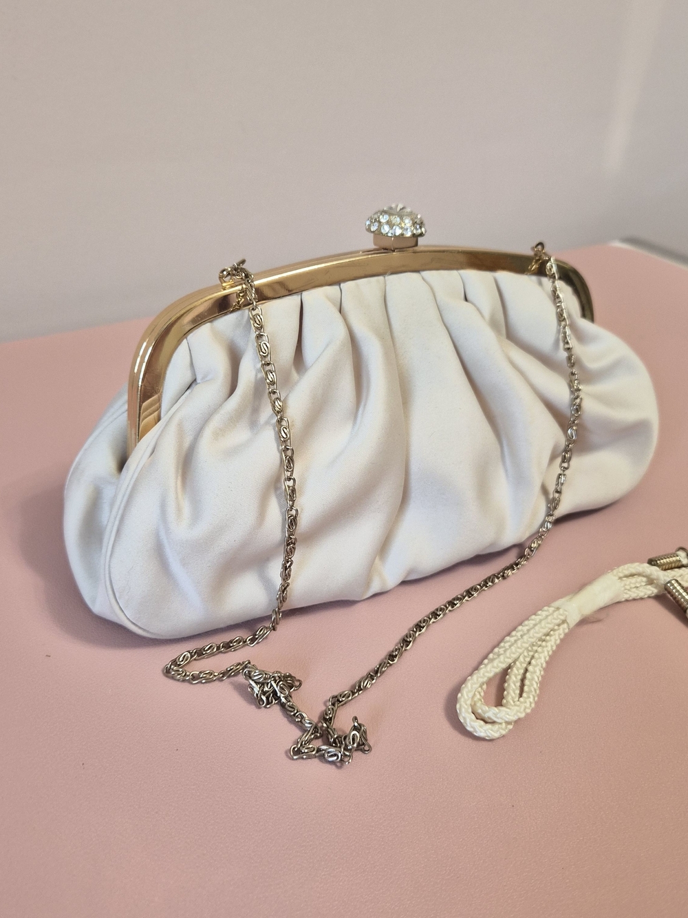 Lulu Townsend Ivory Ruched Satin Clutch with Gold Frame